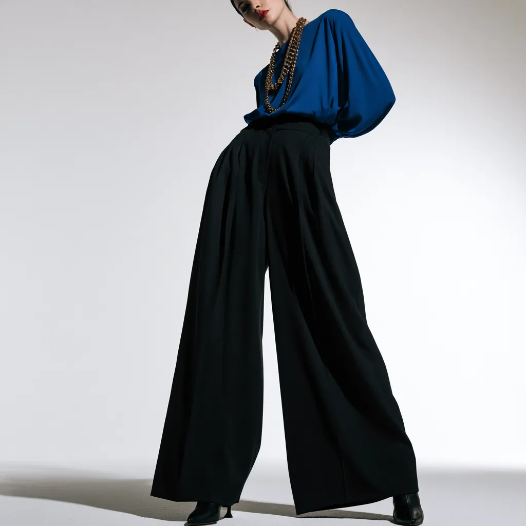 apple shaped body outfit ideas cobalt scoop neck blouse wide leg black trousers heeled boots
