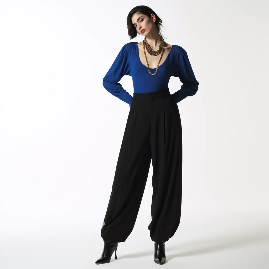 apple body shape outfit cobalt scoop neck top black wide trousers chain necklaces fashion