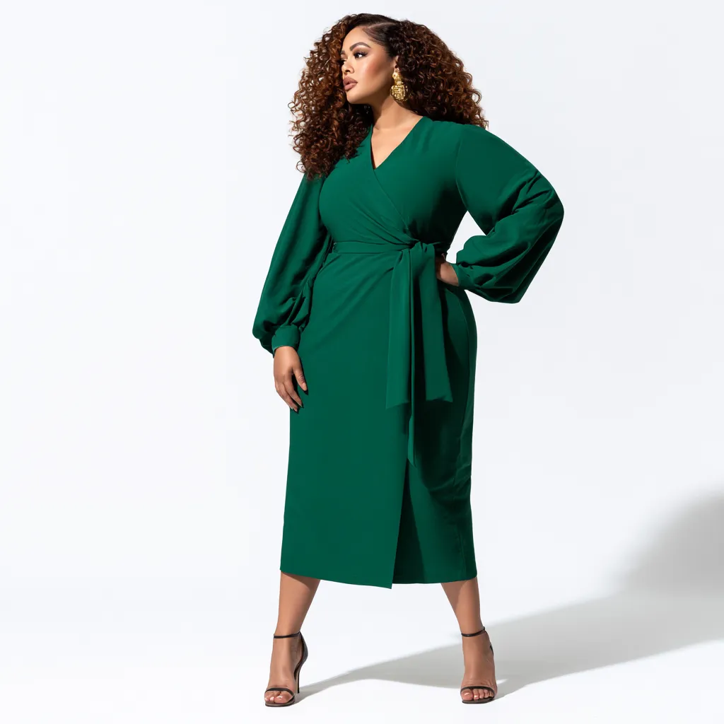 apple shaped body outfit ideas wrap dress emerald green V-neck defined waist heeled sandals