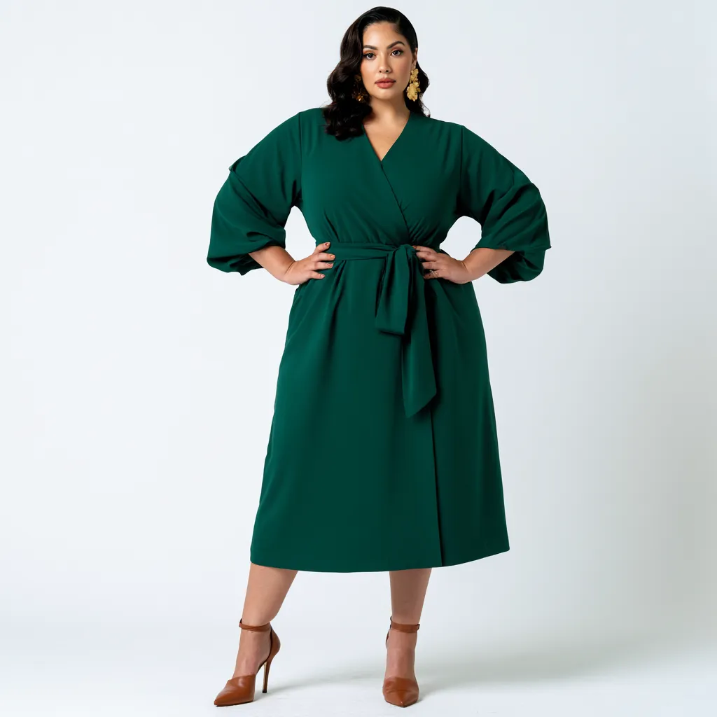 best outfits for apple shaped body wrap dress green deep V-neck standing editorial