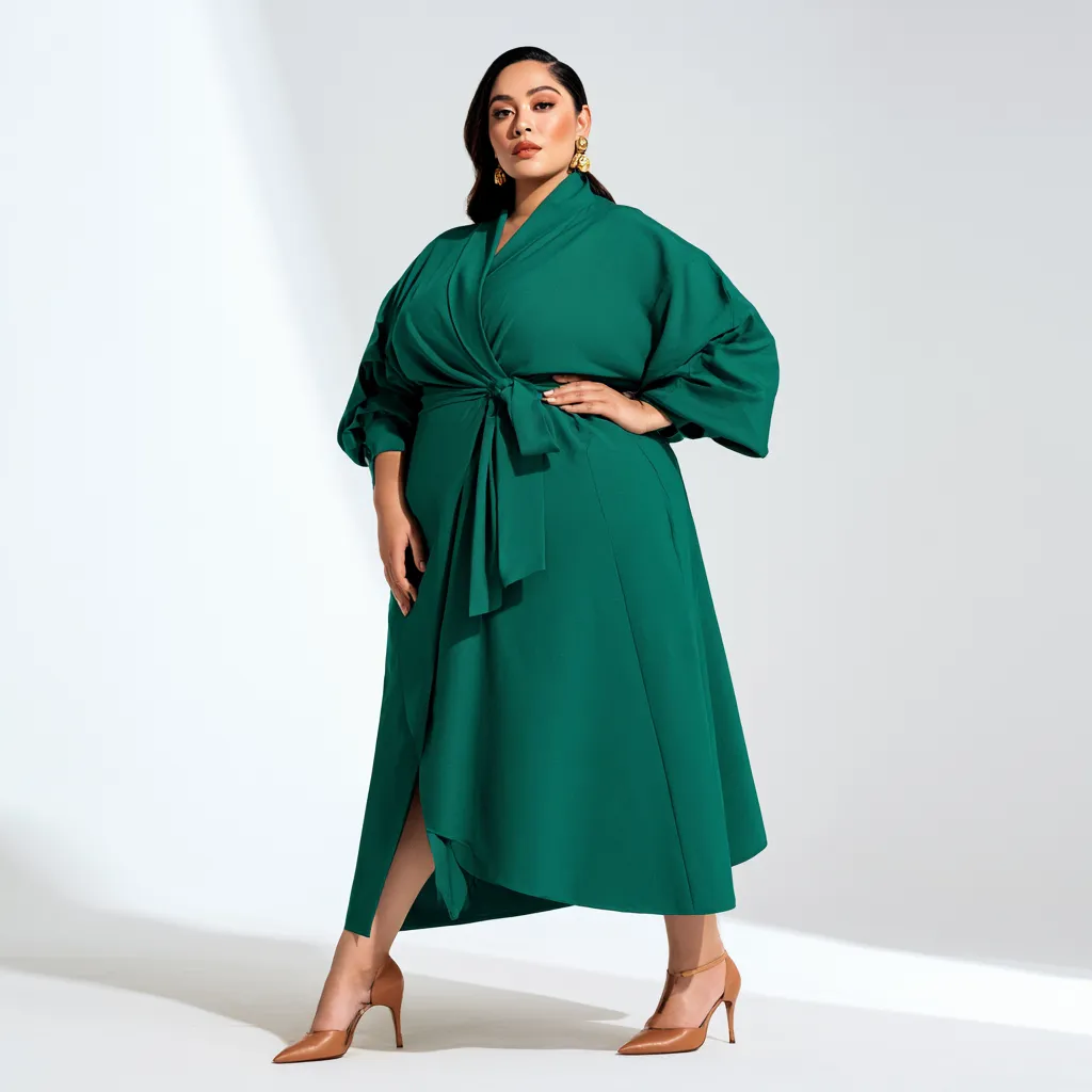 apple shaped figure outfit ideas emerald wrap dress gold earrings pointed heels