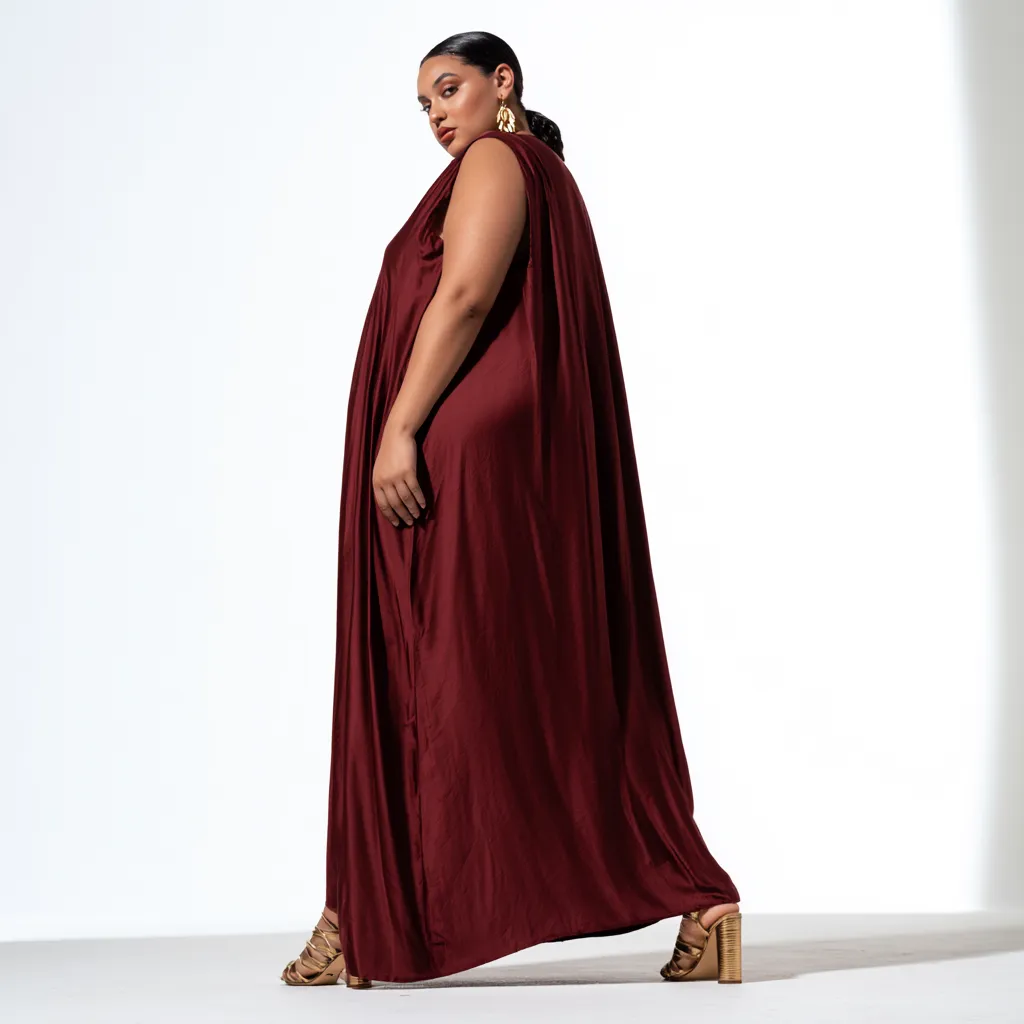 apple body shape dress outfit ideas flowing empire waist V-neck maxi gold heels