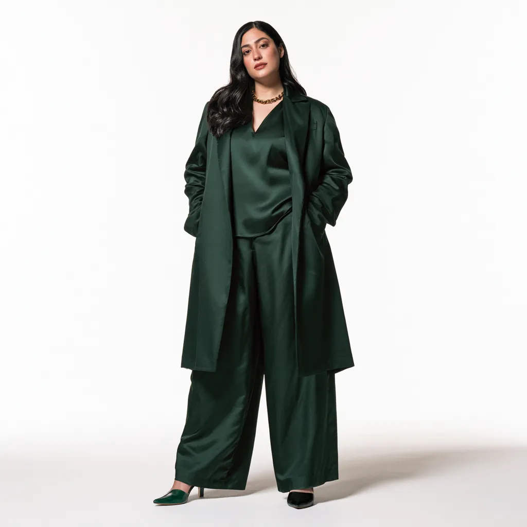 apple shaped body outfit idea monochrome green longline blazer satin wide trousers heels