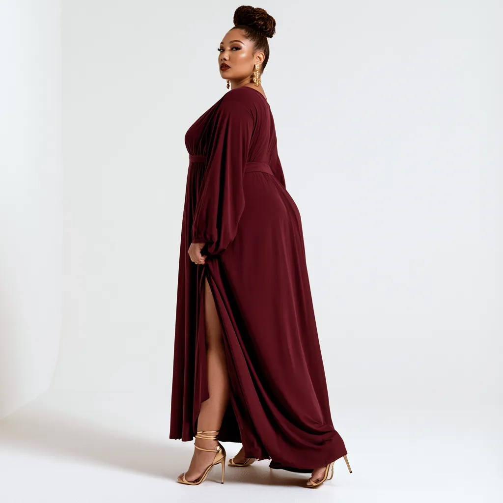 apple shaped figure dress outfit ideas empire waist deep burgundy maxi standing editorial