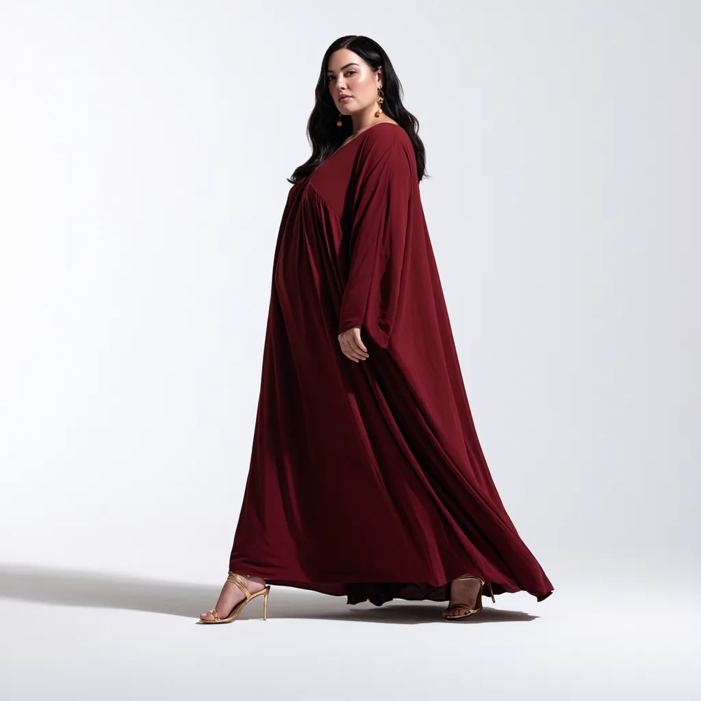 apple shaped body outfit empire waist maxi dress burgundy V-neck gold sandals editorial