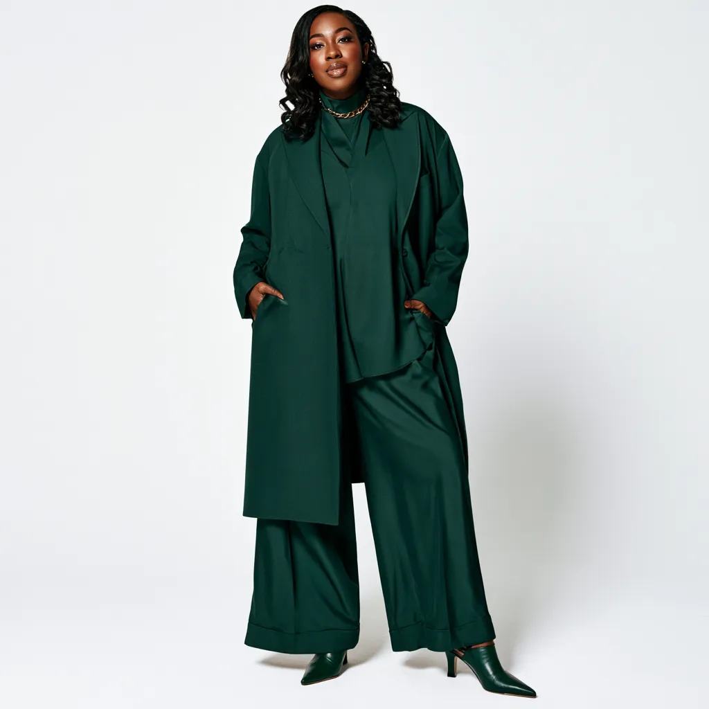 apple shaped body outfit monochrome deep green blazer V-neck blouse wide satin trousers