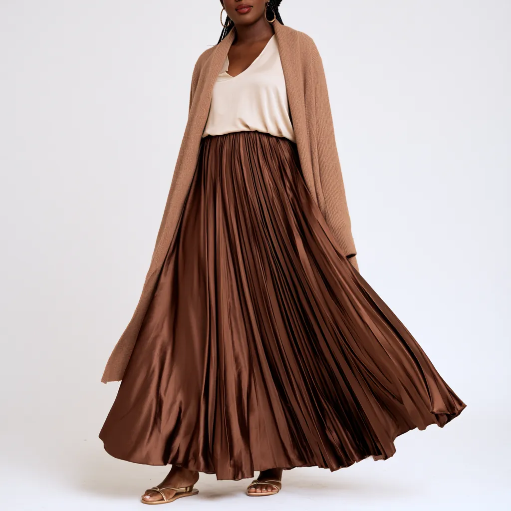 skirt outfit for apple shaped body satin maxi brown longline cardigan scoop neck top