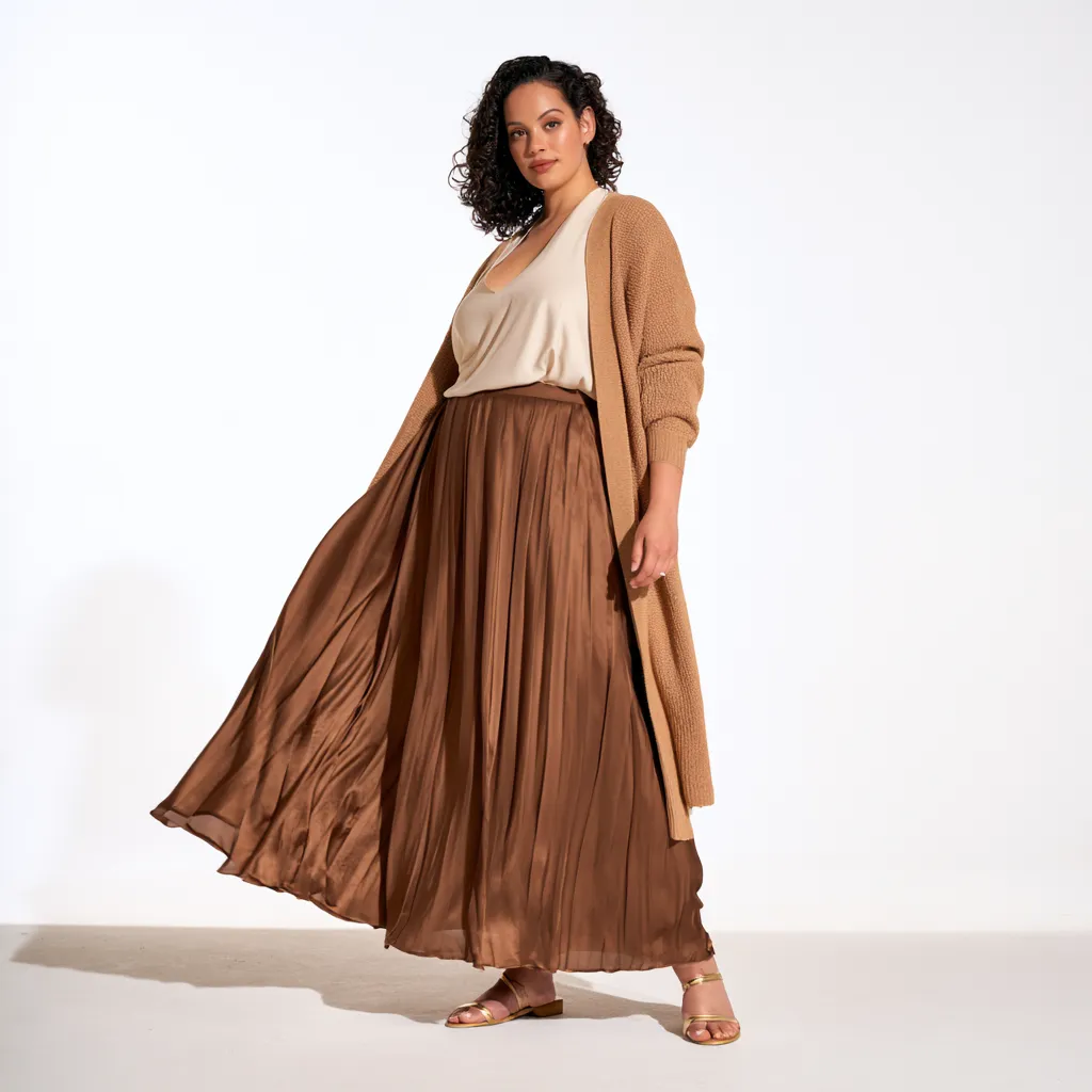 apple shaped body skirt outfit A-line pleated satin maxi brown scoop neck ivory blouse cardigan