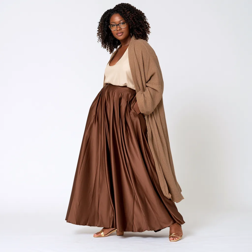 apple figure outfit ideas pleated satin maxi skirt longline cardigan fitted blouse editorial
