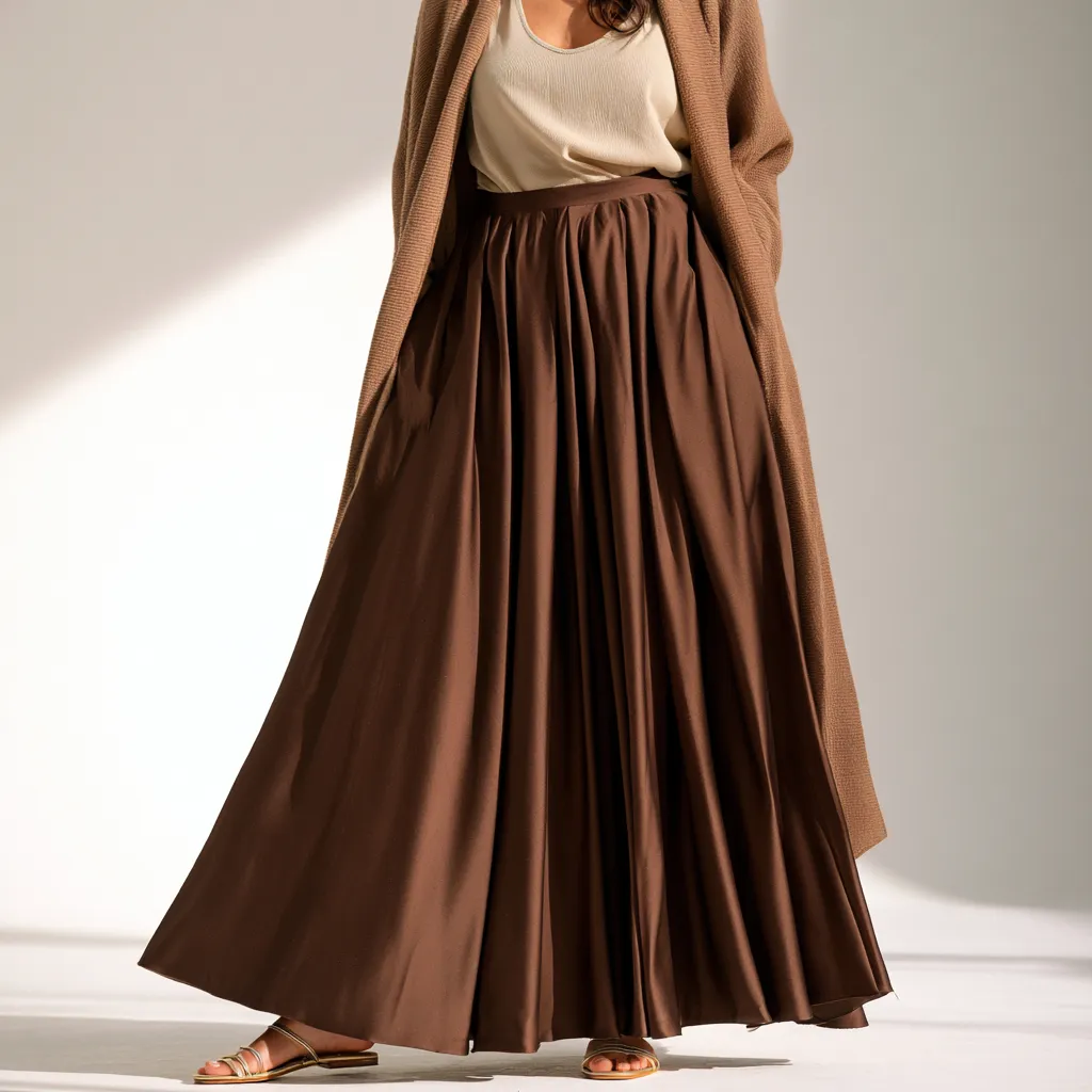 apple shaped body outfit maxi A-line skirt camel cardigan ivory blouse standing fashion