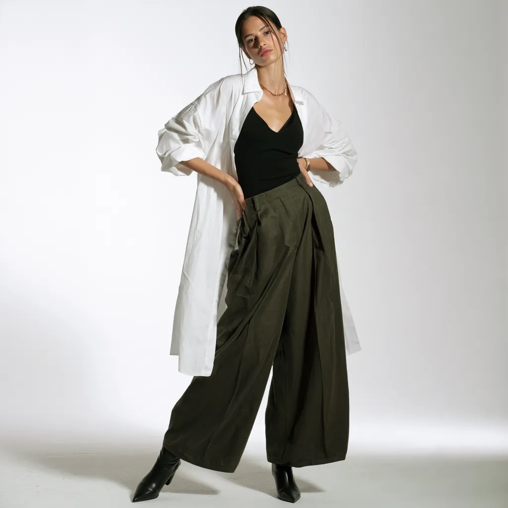 apple shaped body outfit idea oversized white shirt open layer V-neck cami wide leg olive trousers