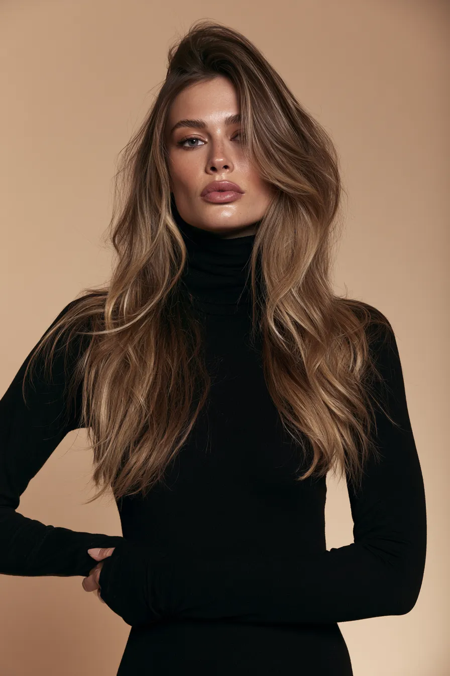 Balayage cheveux reflets miel main-levée sur base châtain portrait éditorial
