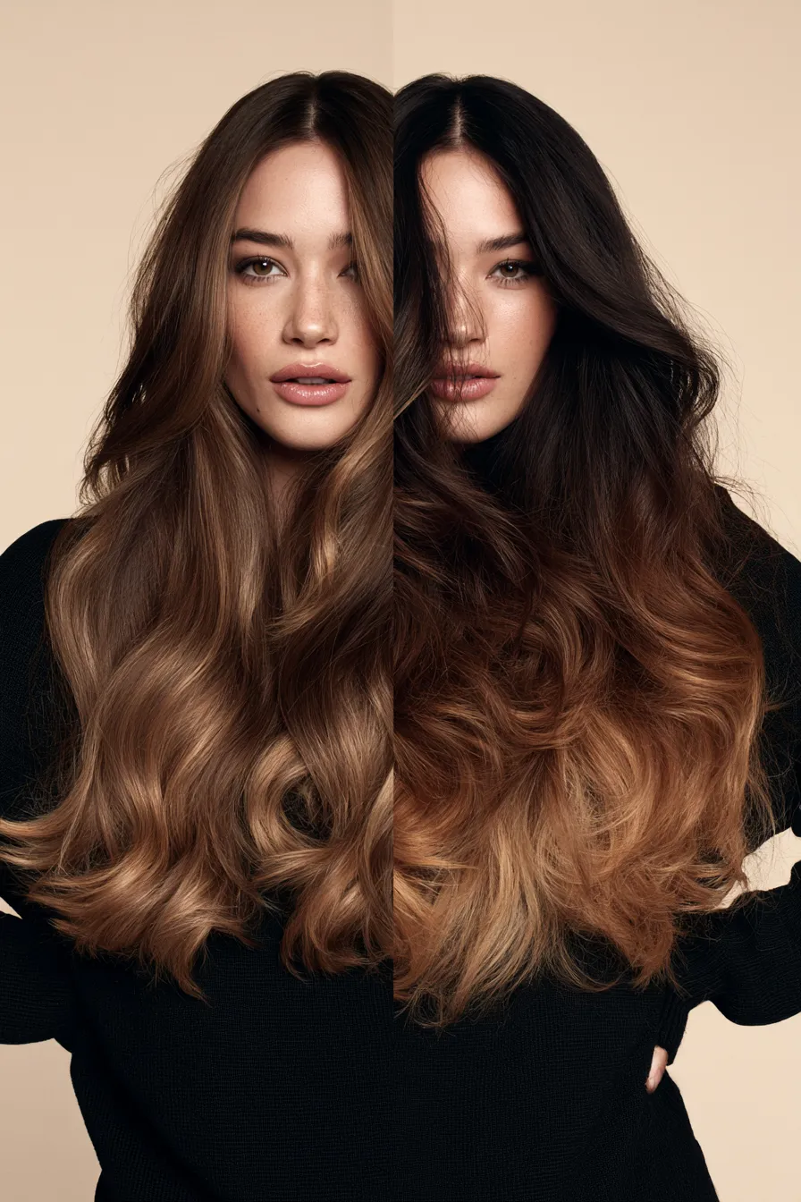 Cheveux balayage versus ombré femme debout studio beauté