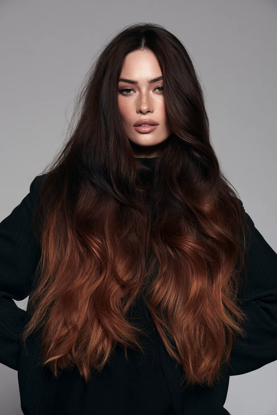 Ombré versus balayage dégradé foncé-clair éditorial beauté debout