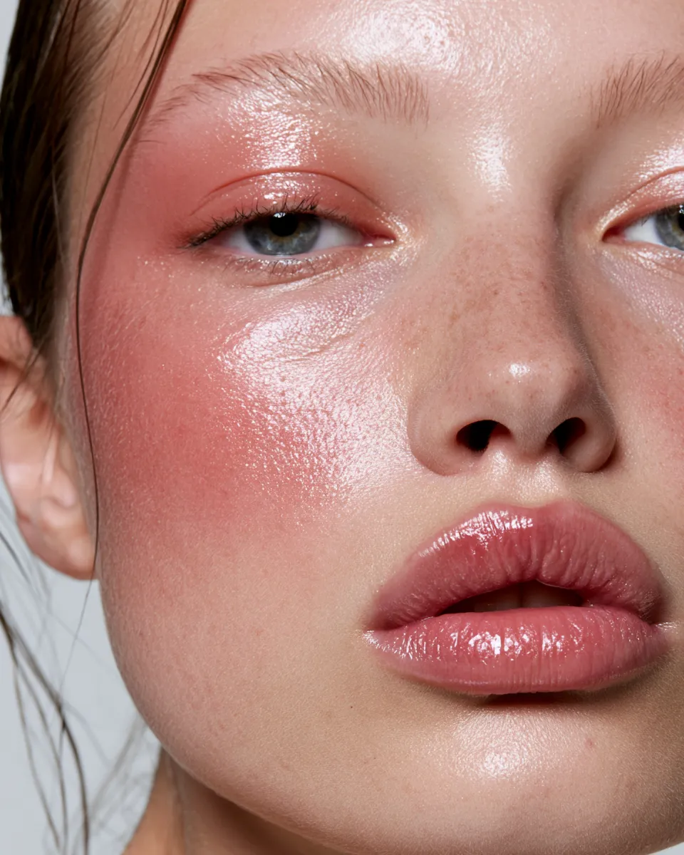 Model wearing blush-toned makeup representing top beauty looks and skincare trends