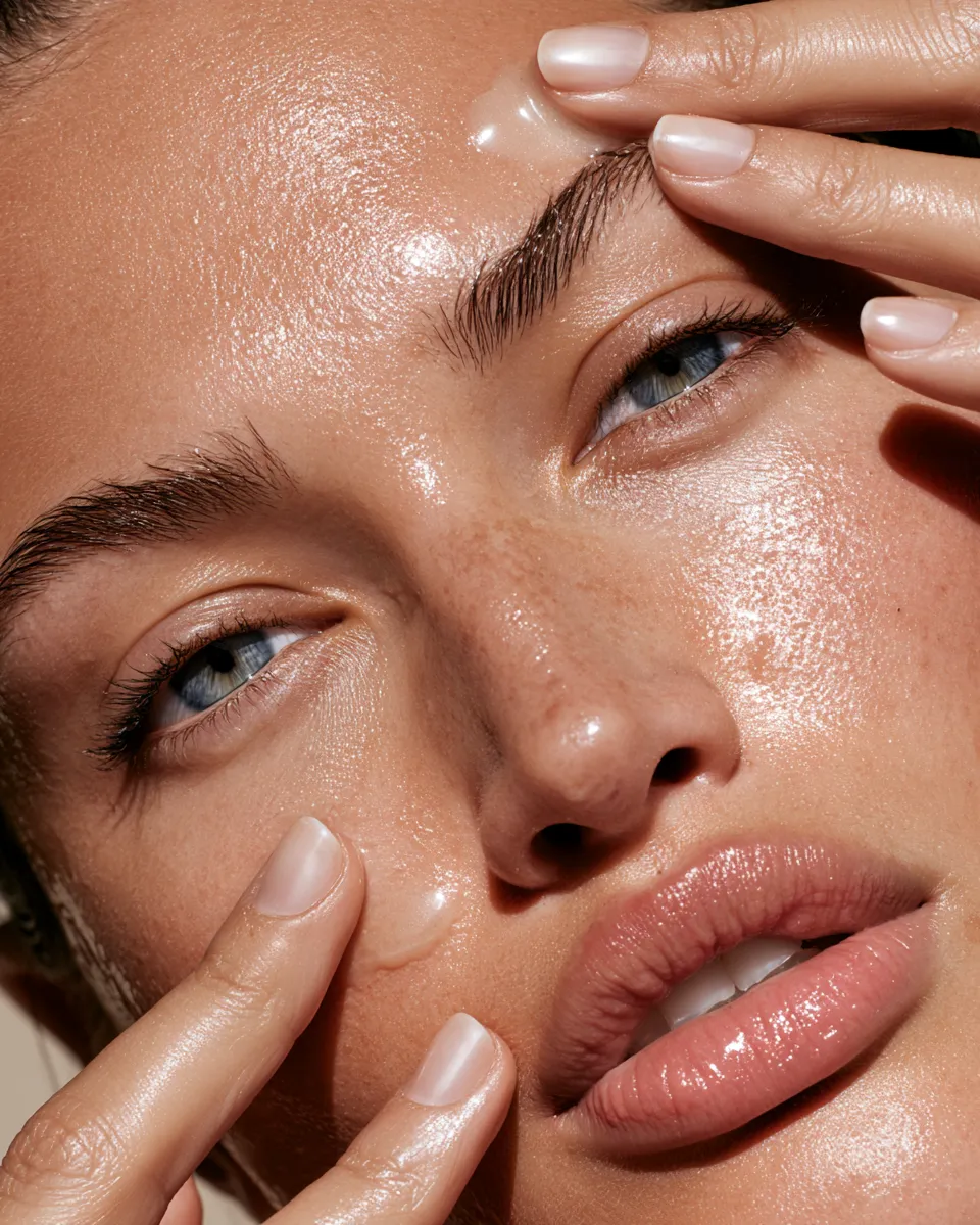 Editorial beauty portrait of woman with dewy skin representing skincare ingredient results