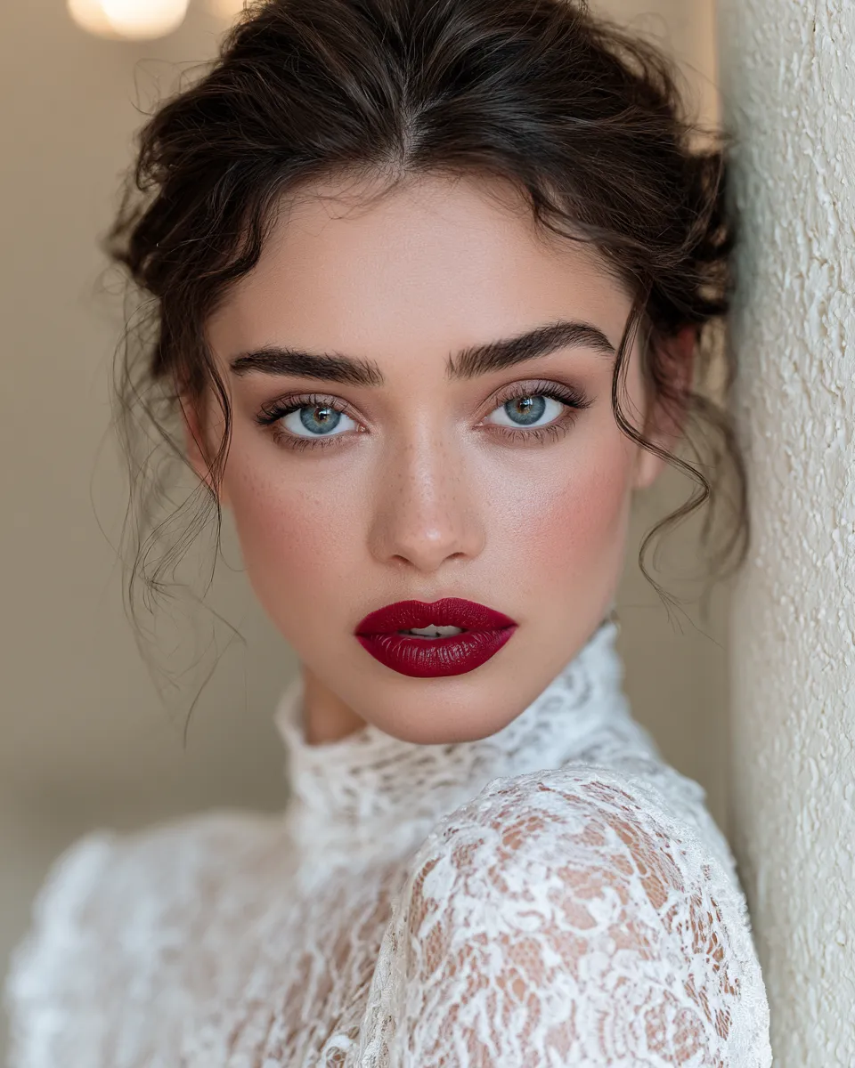 Woman with bold red lip bridal makeup in a beauty skincare editorial portrait