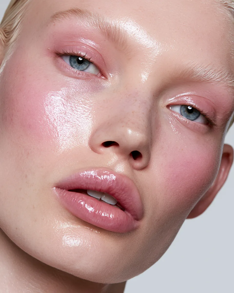 Close-up beauty portrait showcasing wearable makeup looks in a beauty guide editorial