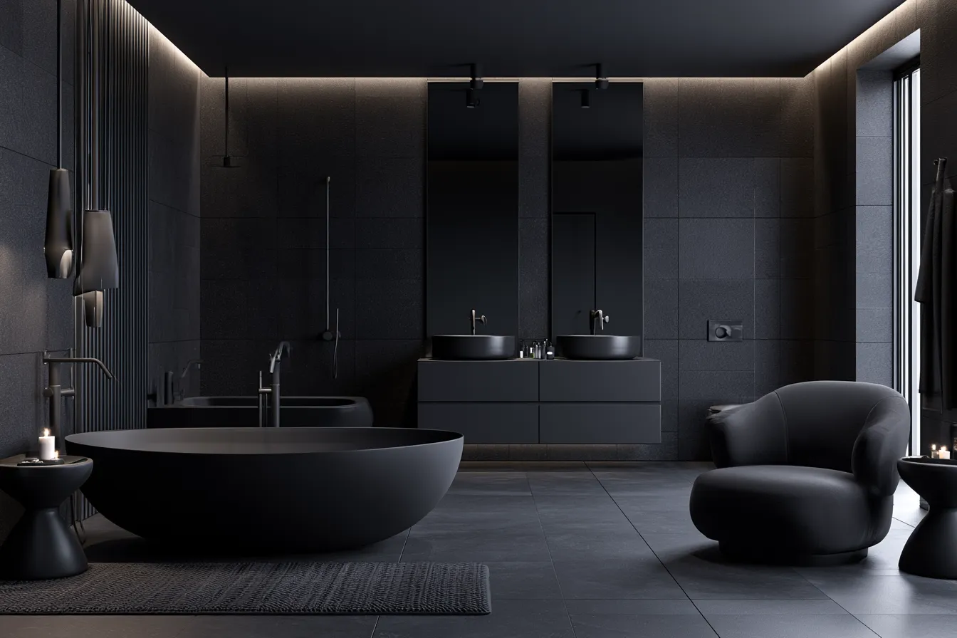 Luxury black bathroom color design with matte black freestanding tub and floor-to-ceiling dark tile