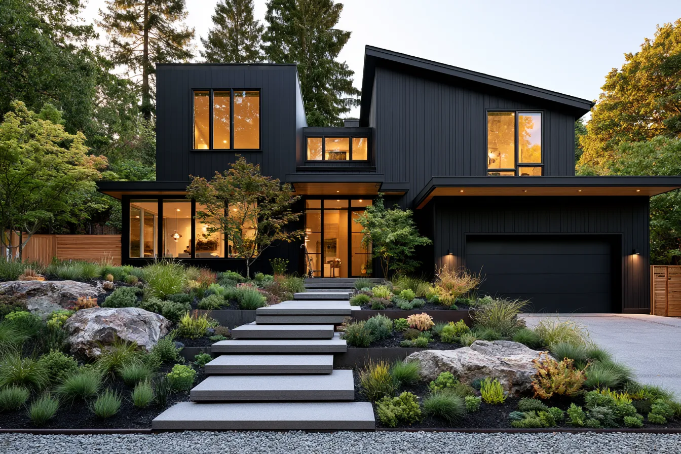Modern black residential color scheme on two-story home with clean lines and dramatic dusk sky