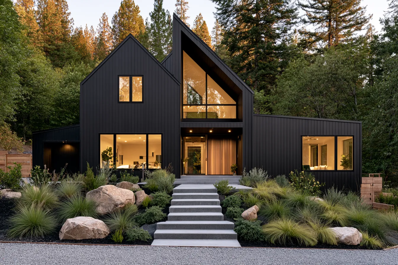 Striking black home color exterior with board and batten cladding, lush garden and warm evening light