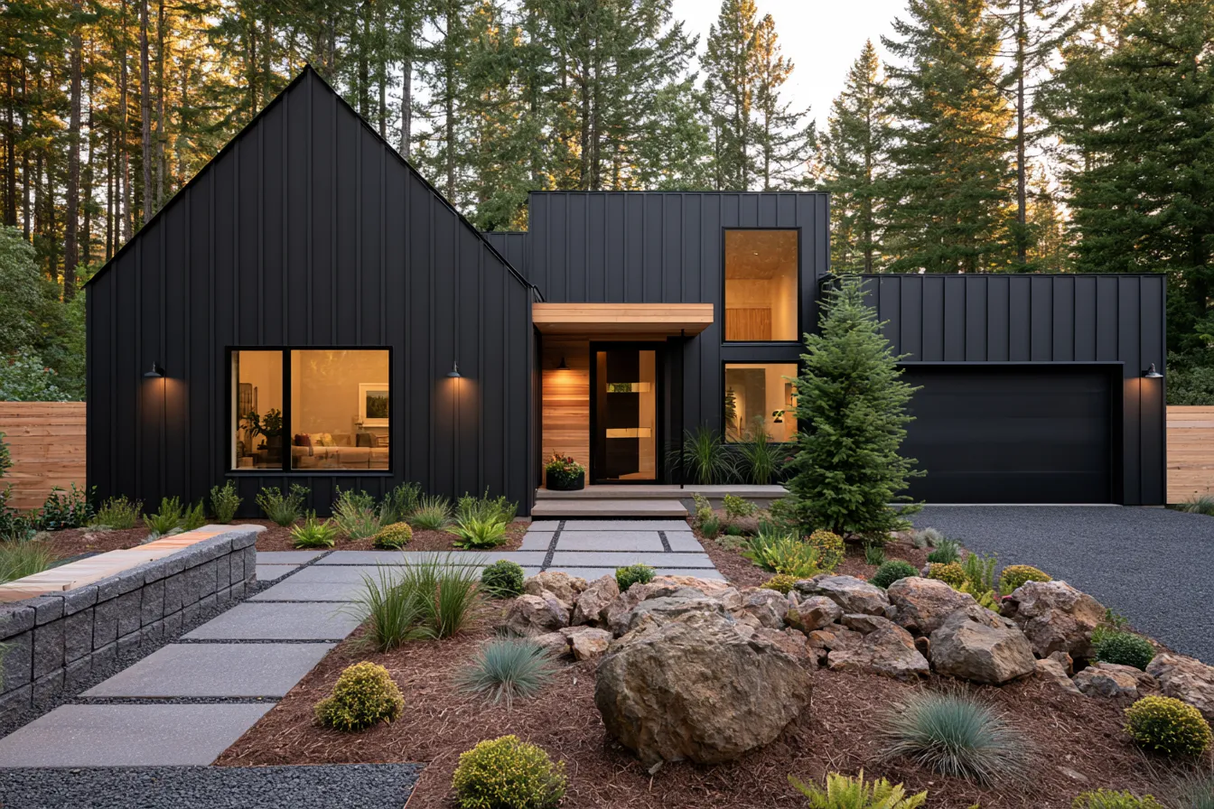 Contemporary black house color facade with large glazed windows and minimalist front landscaping