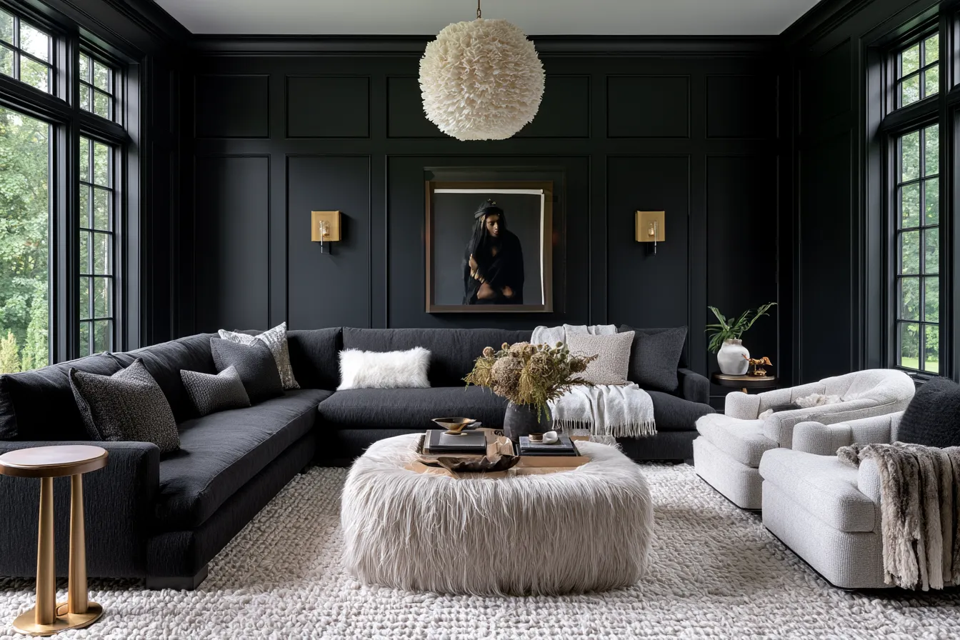 Bold black home color scheme in a contemporary living room with warm accent lighting and natural wood floor