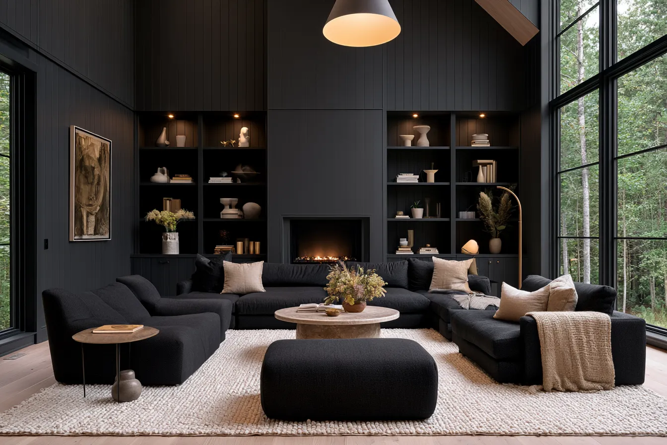 Interior design featuring black color for home walls paired with ivory sofa and brass accents