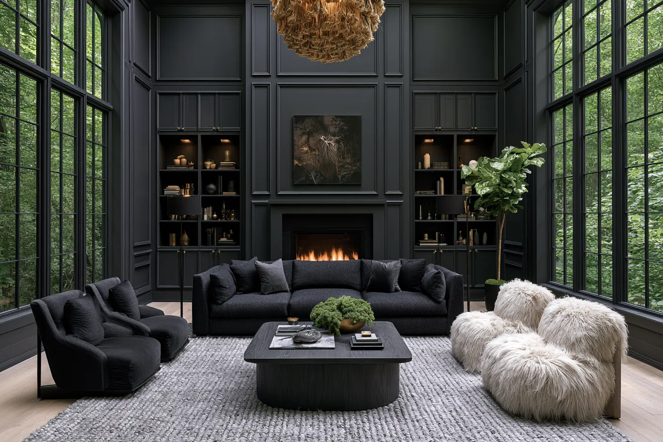 Modern living room decorated in black house color with statement lighting and textural contrast