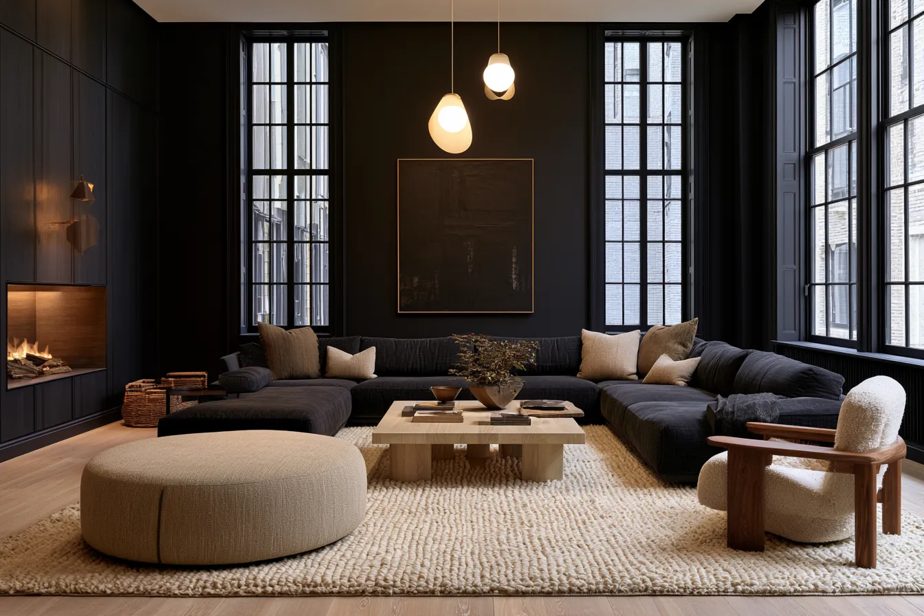 Dramatic black interior home color with layered fabrics and architectural focal wall