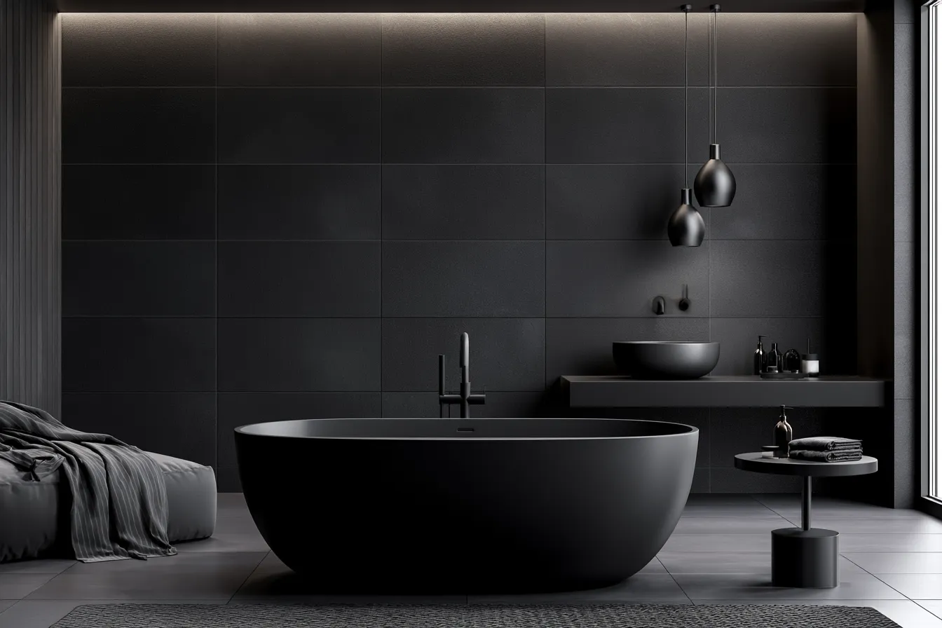 Black home color applied to bathroom walls and fixtures with dramatic overhead pendant lighting