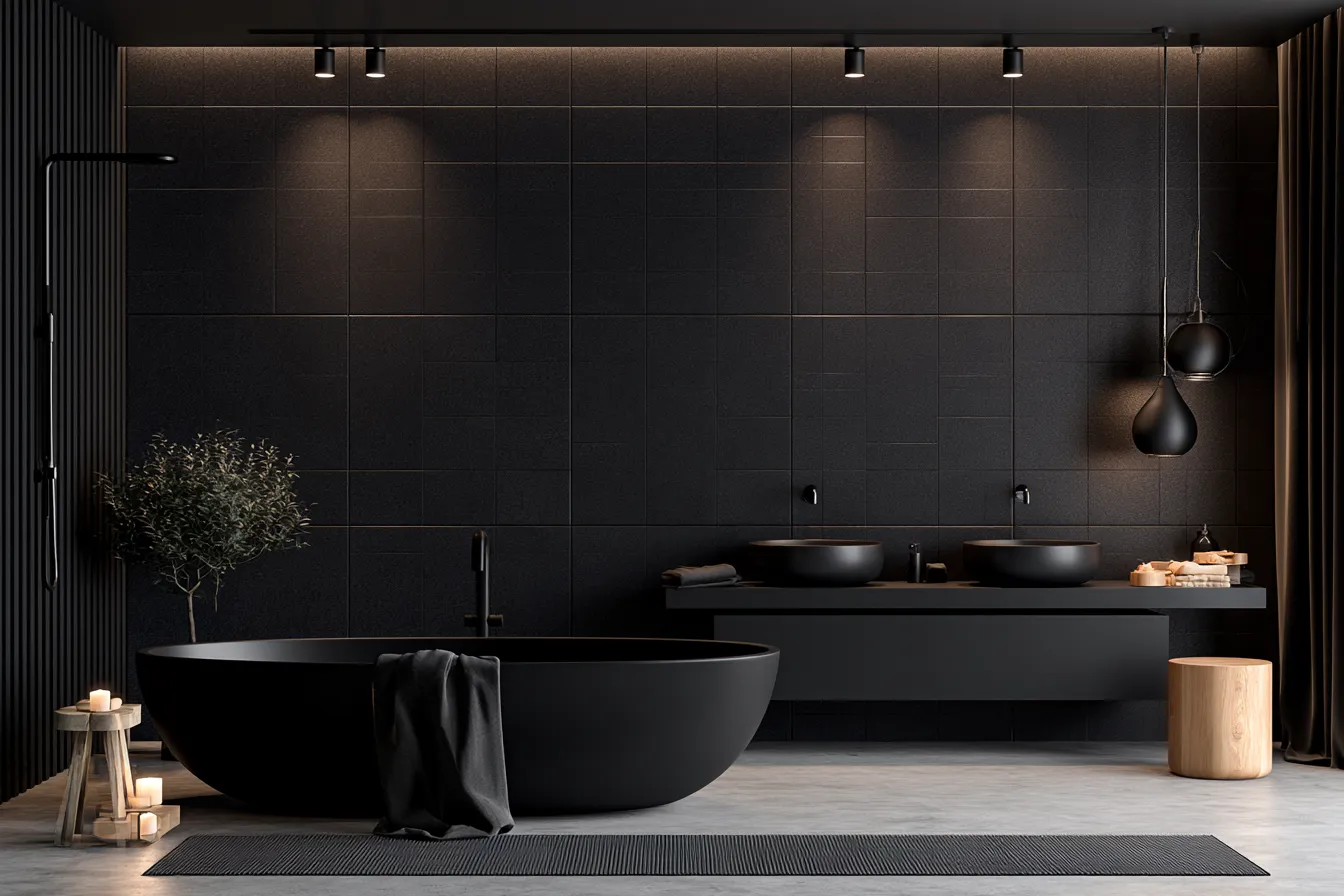 Sleek black interior color in modern bathroom featuring large format tile and polished concrete floor