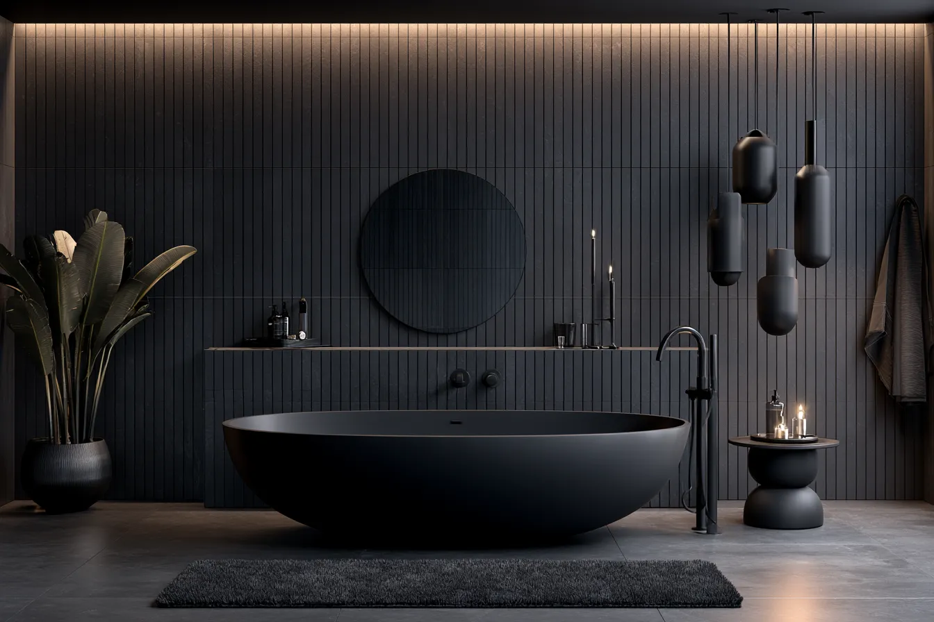 Bold black house color scheme in spa-style bathroom with white marble countertop contrast