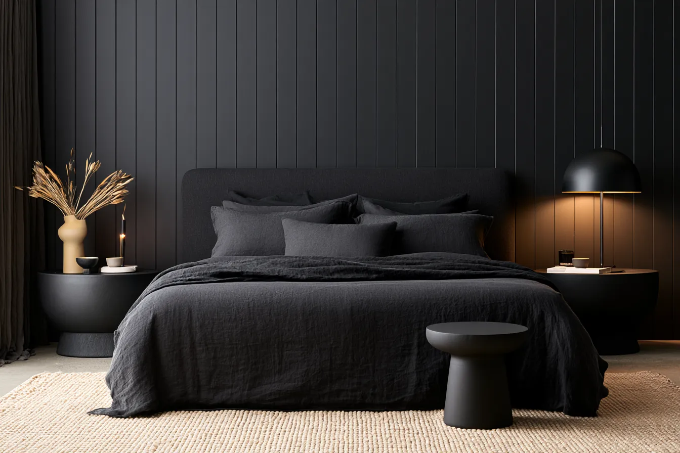 Contemporary black color home bedroom design with wood floor and soft ambient lighting