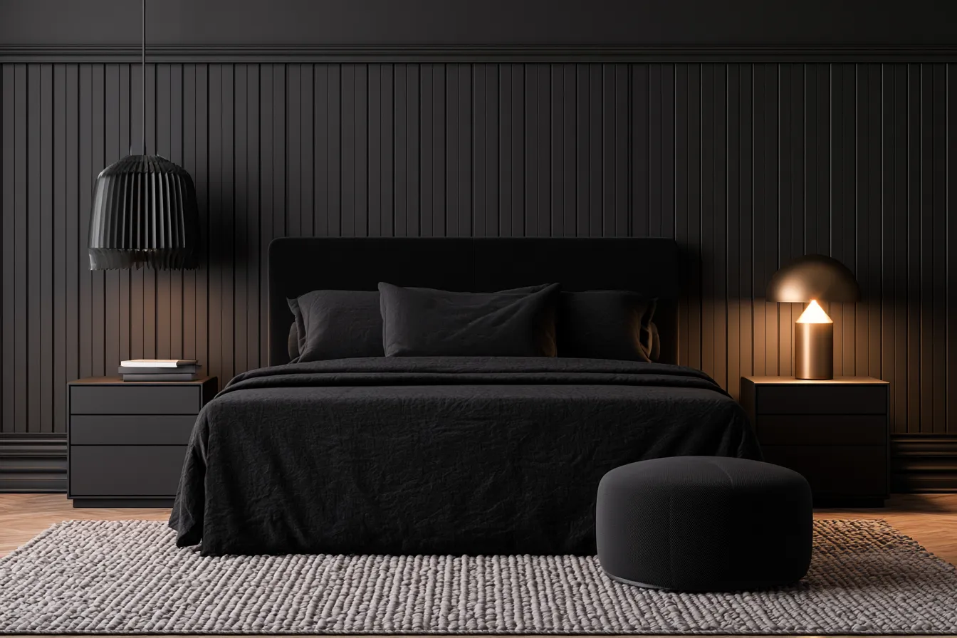 Dark home color for bedroom featuring black furniture, moody atmosphere and brass accent lamp
