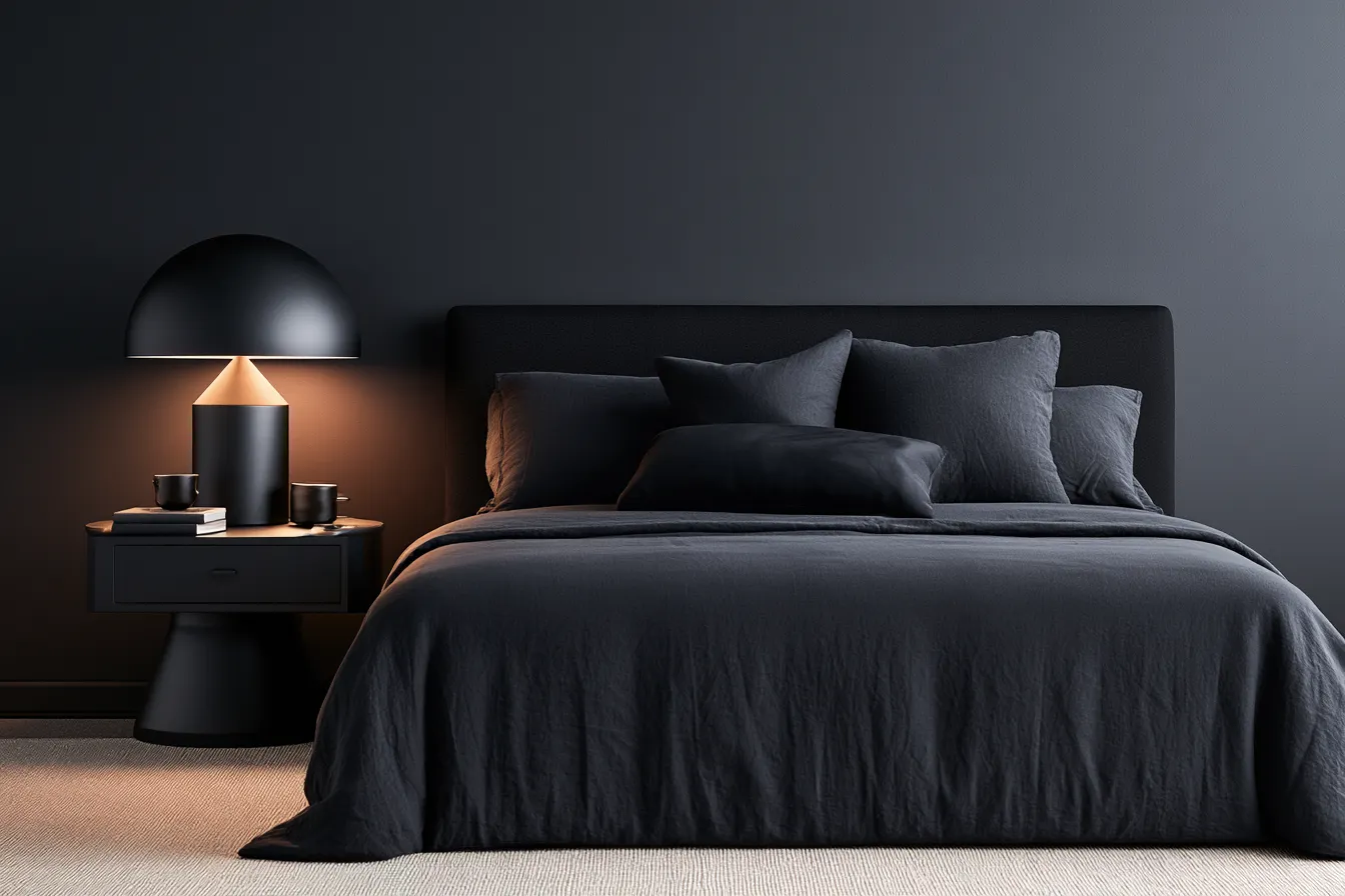 Black interior color in master bedroom with dramatic accent wall and layered textile styling
