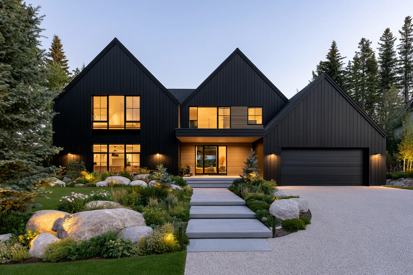 Bold black color for home exterior featuring timber cladding and contrasting white trim detail