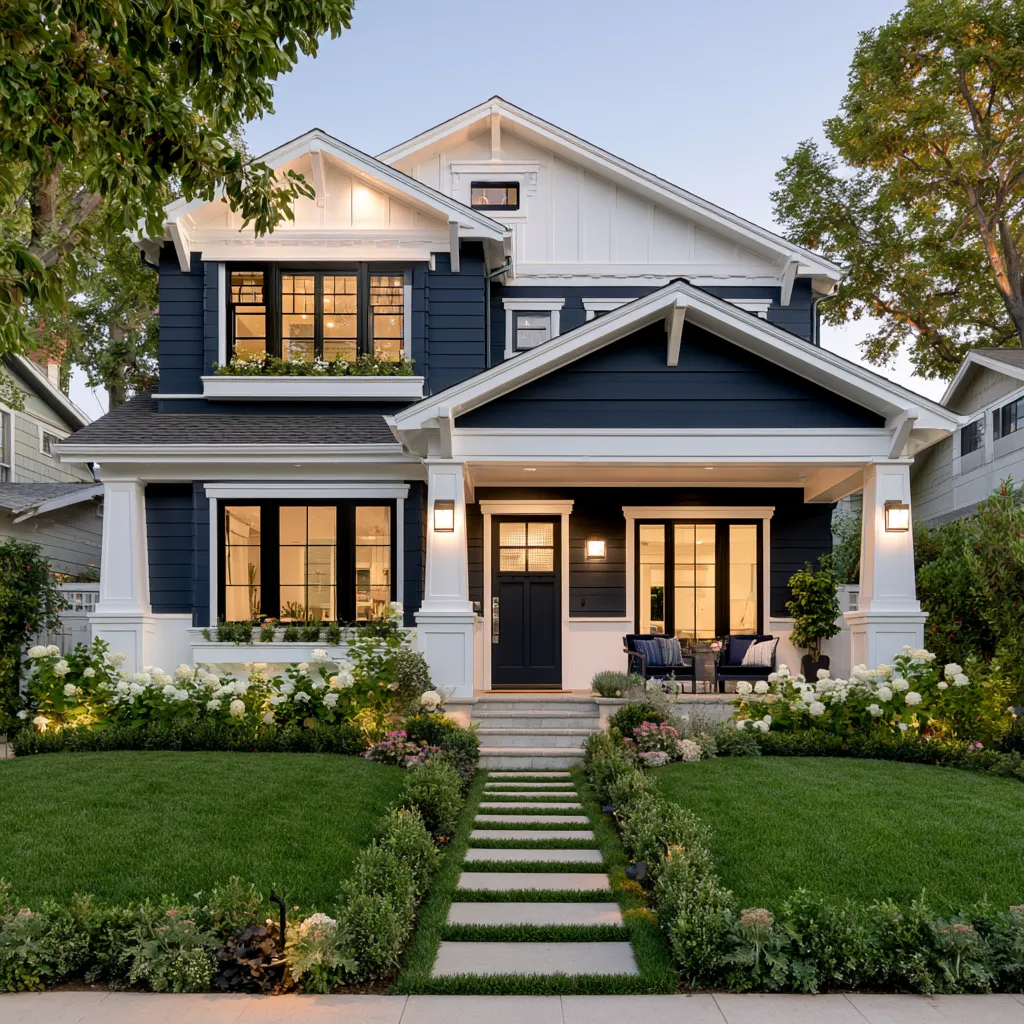Blue color for home exterior design featuring deep navy siding, white accents and mature landscaping