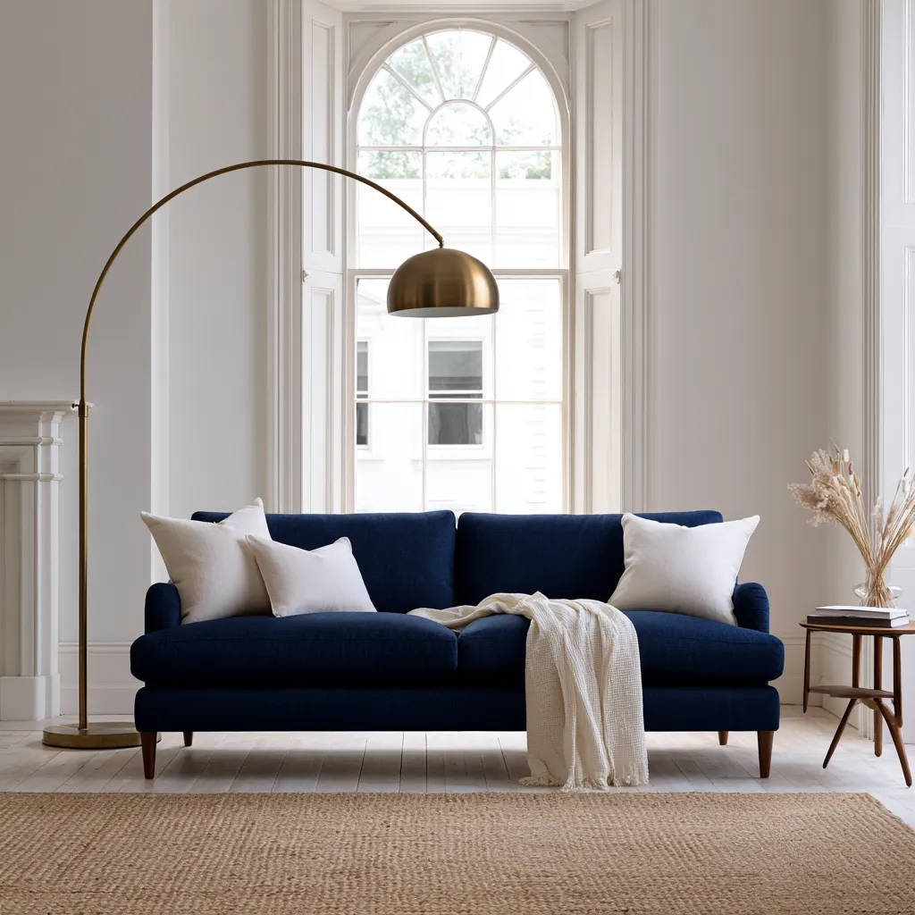 Blue home color living room with navy velvet sofa, brass lamp and white walls in Scandinavian style