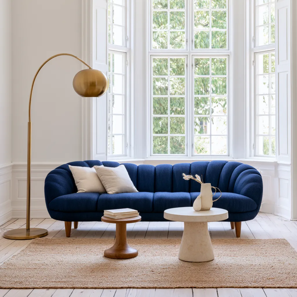 Navy blue color for home living room design with a statement sofa, woven rug and natural afternoon light