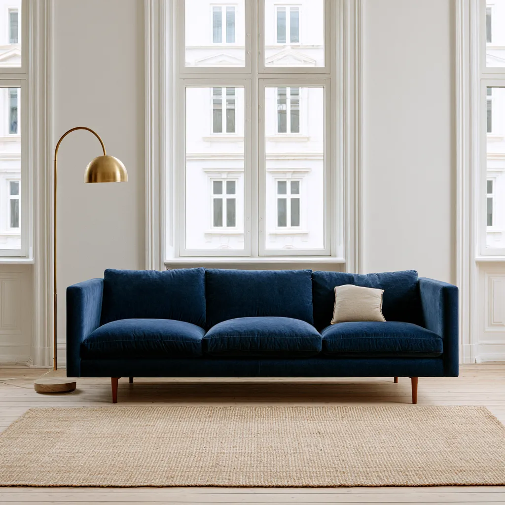 Blue house color ideas for the living room featuring a deep navy sofa against white Scandinavian walls
