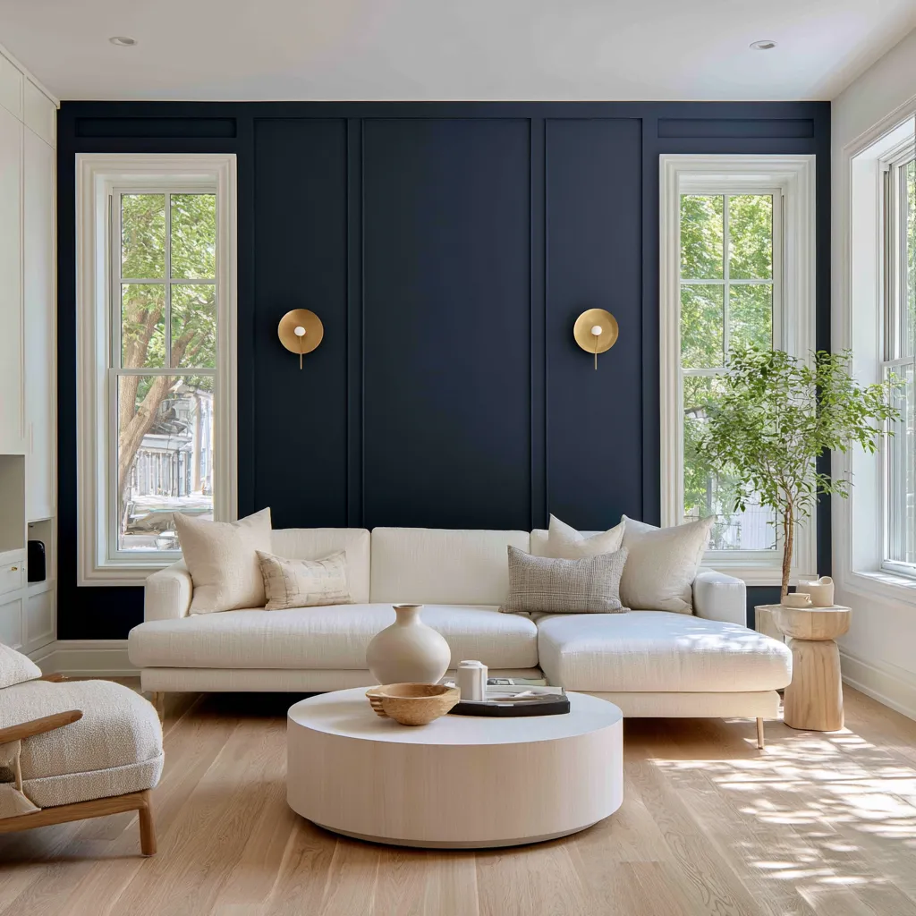 Home blue color scheme in a modern living room with navy wall and editorial interior styling