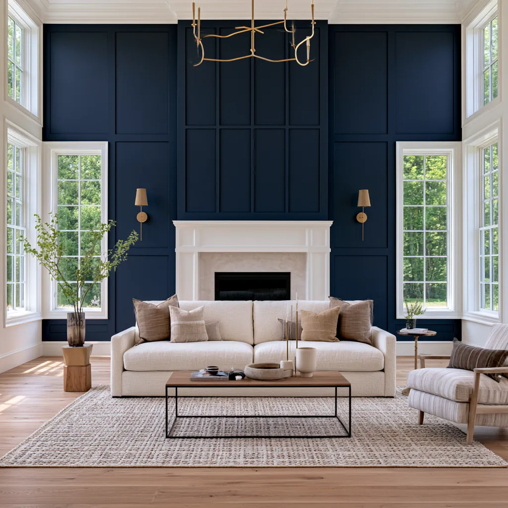 Blue house color interior design with navy accent wall, brass details and soft neutral furnishings