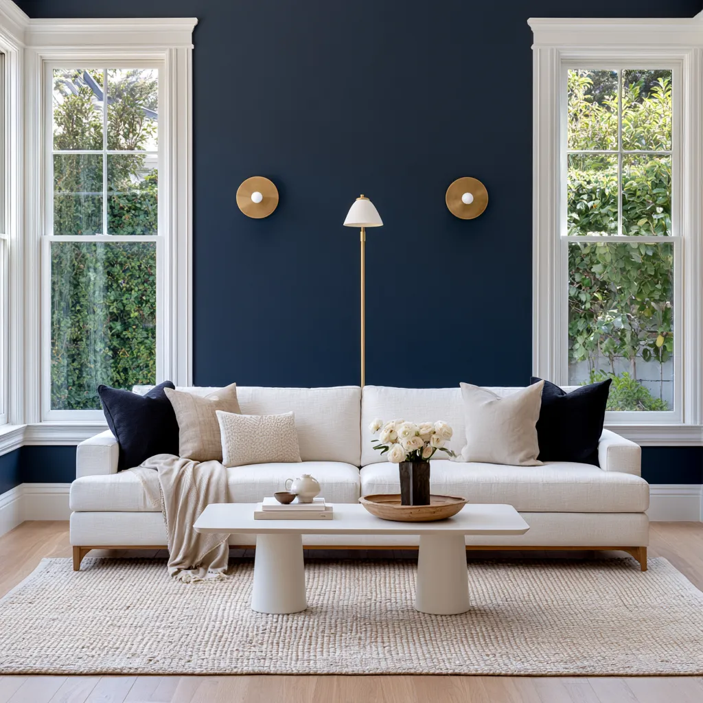 Blue home color ideas featuring a navy accent wall with brass fixtures and linen sofa in a bright living room