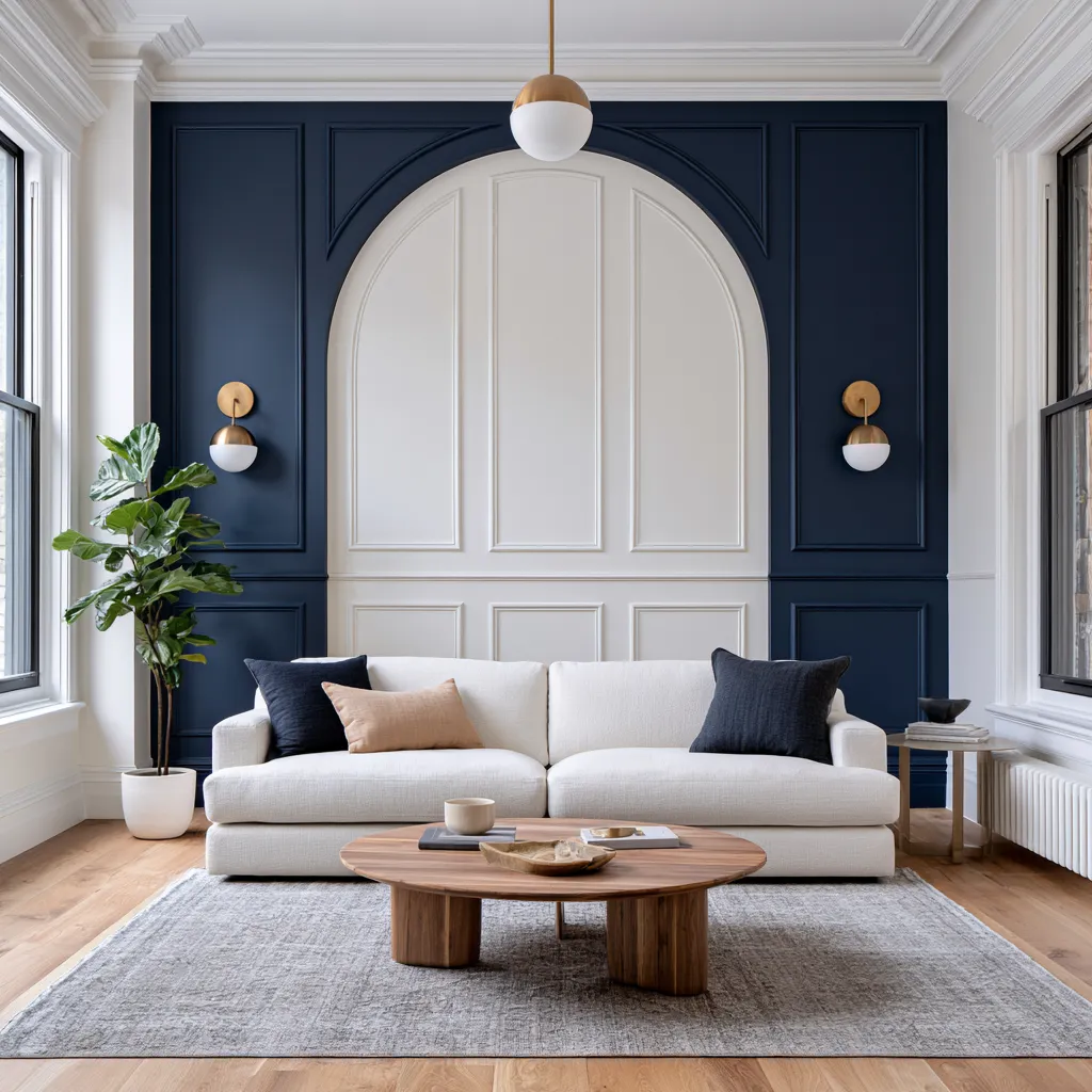Sophisticated blue color for home interiors with deep navy wall, warm lighting and natural oak flooring