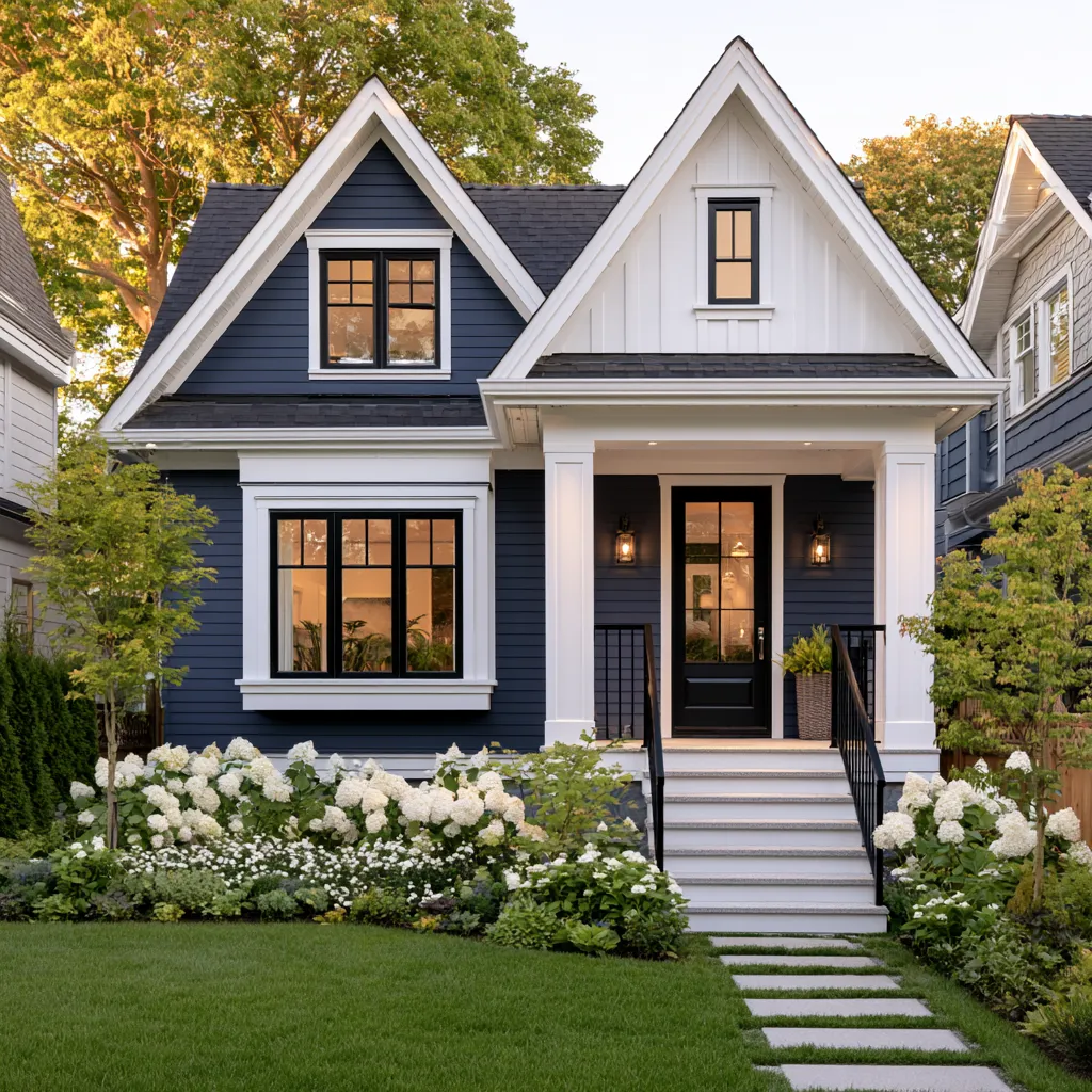 Home blue color exterior in navy and white craftsman style with sharp architectural details and golden light