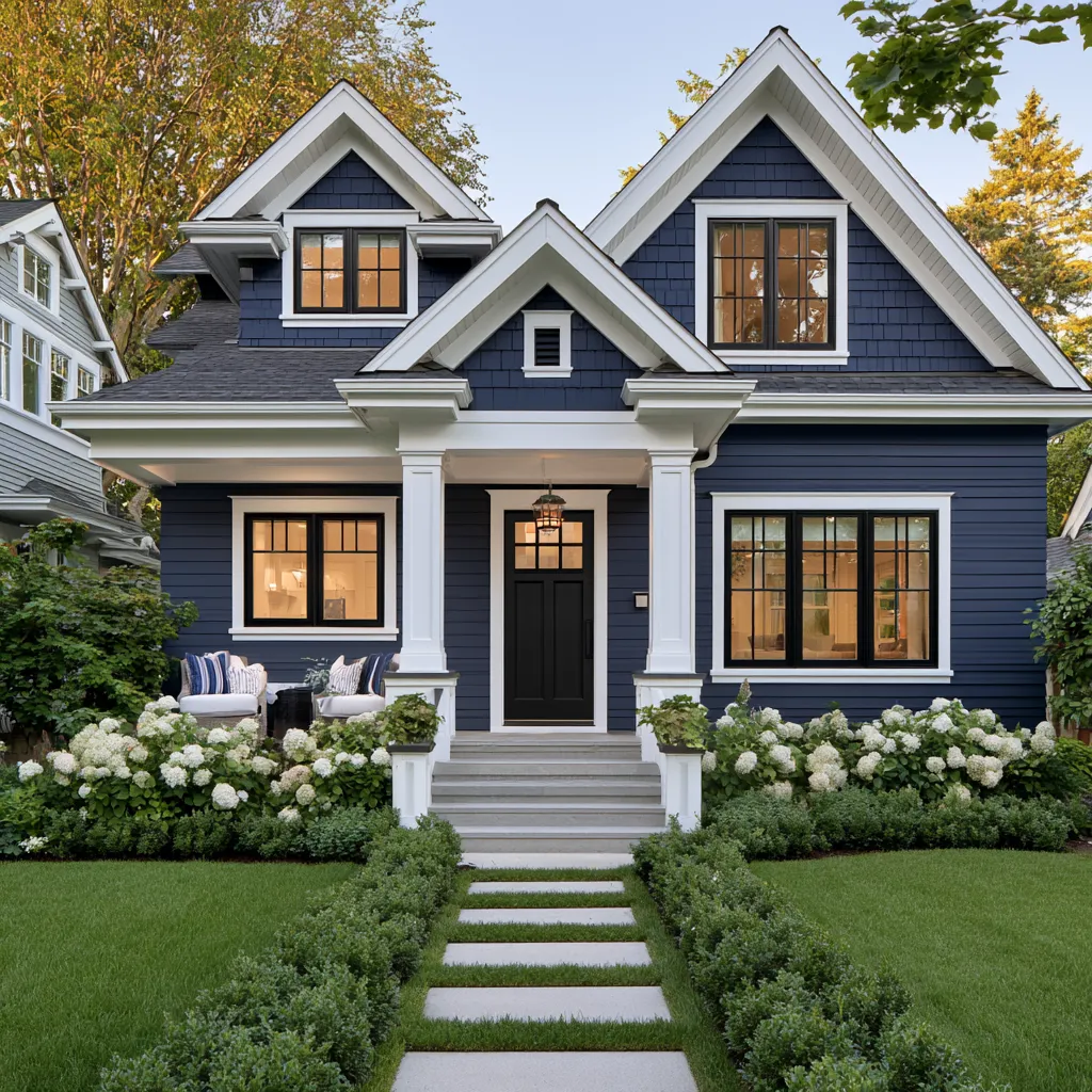 Blue home color exterior with navy blue craftsman siding, white trim and black windows at golden hour
