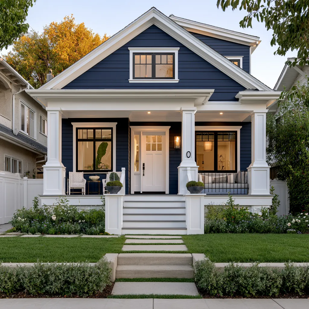 Navy blue house color for home exterior with white trim, craftsman architecture and lush front garden