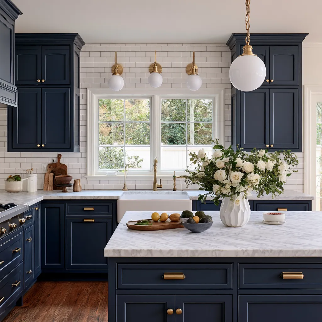 Navy blue kitchen color for home interiors featuring shaker cabinets, white marble and subway tile backsplash
