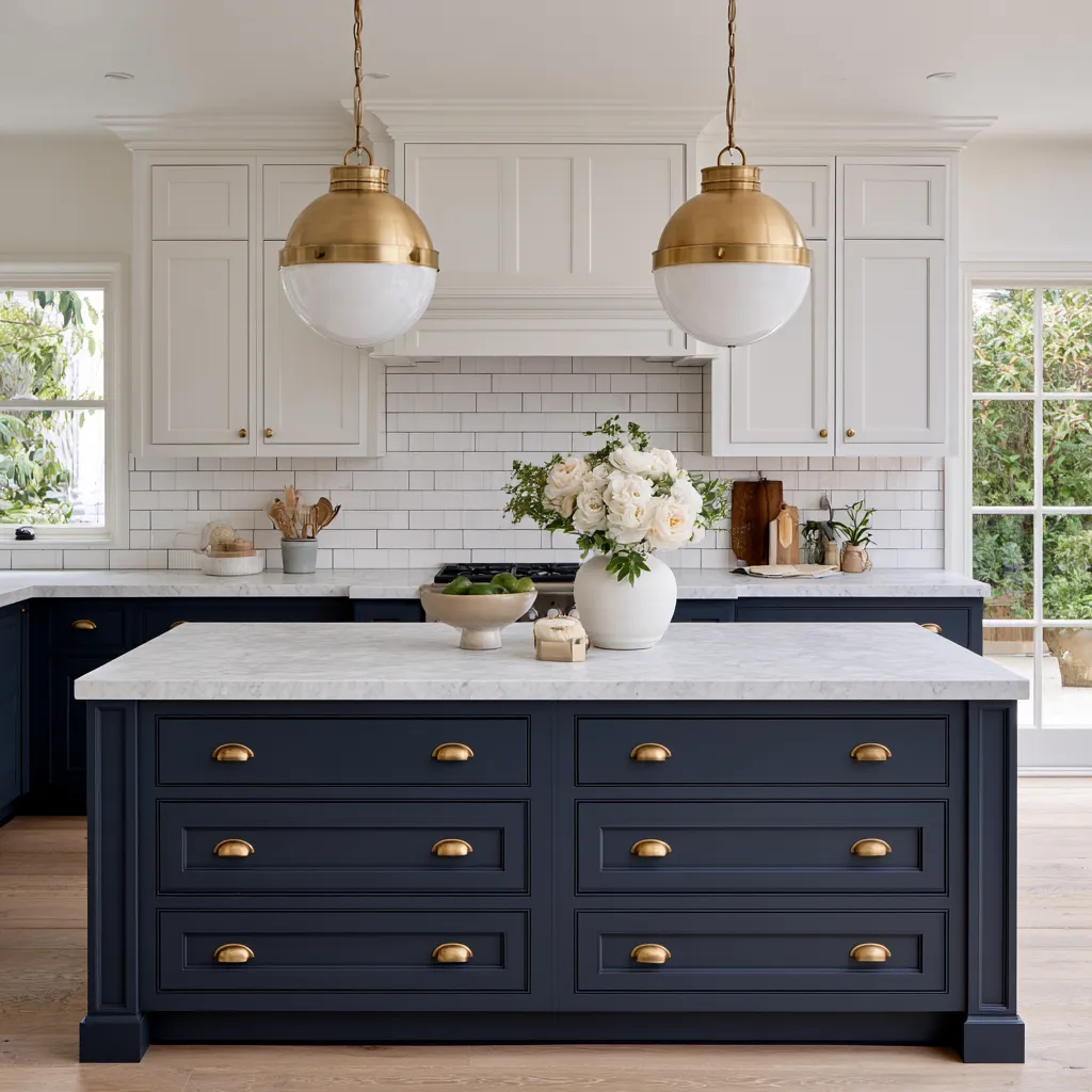 Blue house color in the kitchen with deep navy cabinetry, brass pendant lights and white countertops